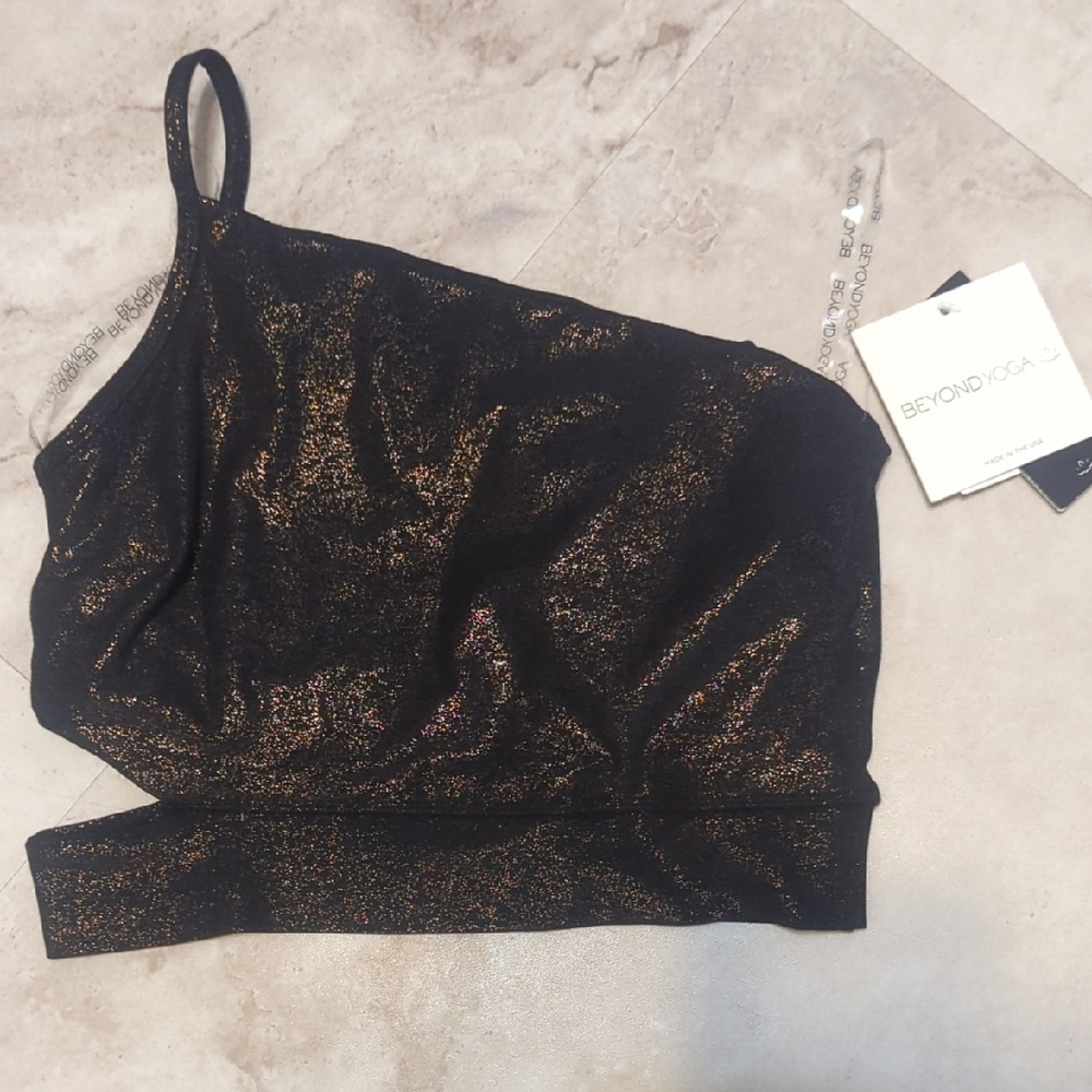 Beyond Yoga Black and Gold Shimmer One-Shoulder Top Small